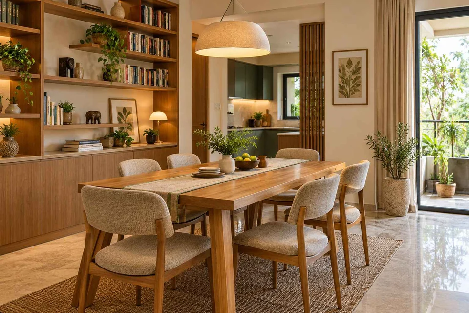AI-generated dining-room concept: library-wall dining room, homegrown herb table direction