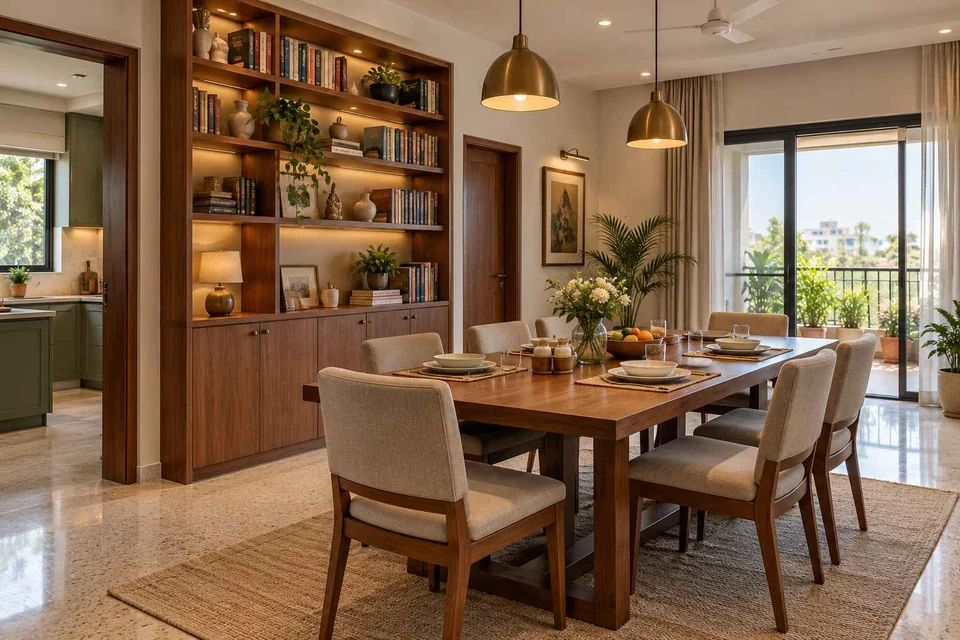 AI-generated dining-room concept: library-wall dining room, homework-to-dinner transition direction