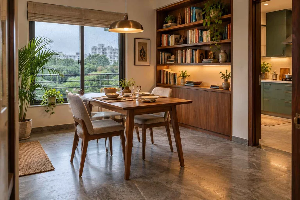 AI-generated dining-room concept: library-wall dining room, monsoon lunch light direction