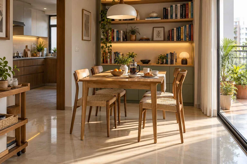 AI-generated dining-room concept: library-wall dining room, morning breakfast rhythm direction
