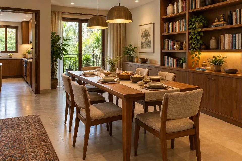 AI-generated dining-room concept: library-wall dining room, serving bowl sharing direction