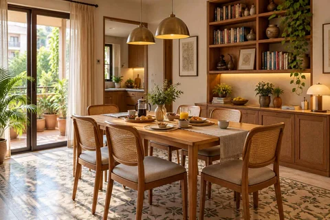 AI-generated dining-room concept: library-wall dining room, slow weekend brunch direction