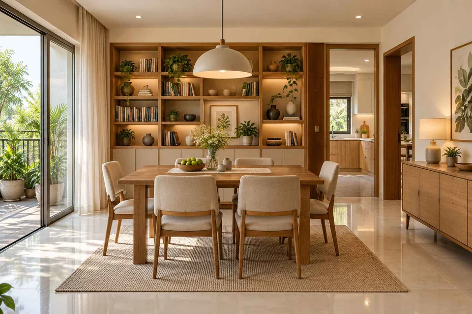 AI-generated dining-room concept: library-wall dining room, summer-airiness dining direction