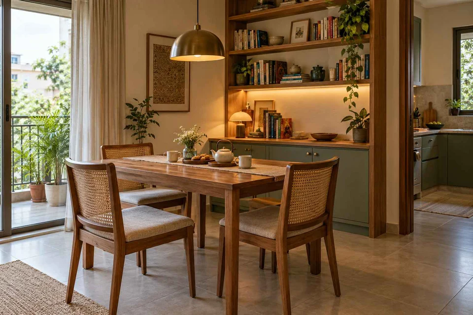 AI-generated dining-room concept: library-wall dining room, tea with friends direction