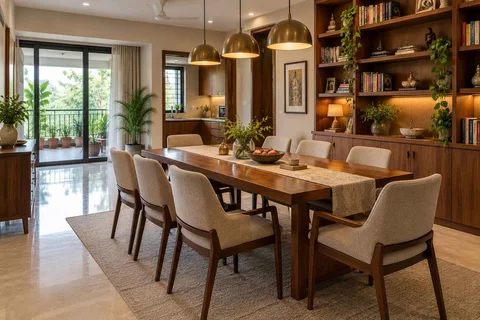 AI-generated dining-room concept: library-wall dining room, visiting-parents meal direction
