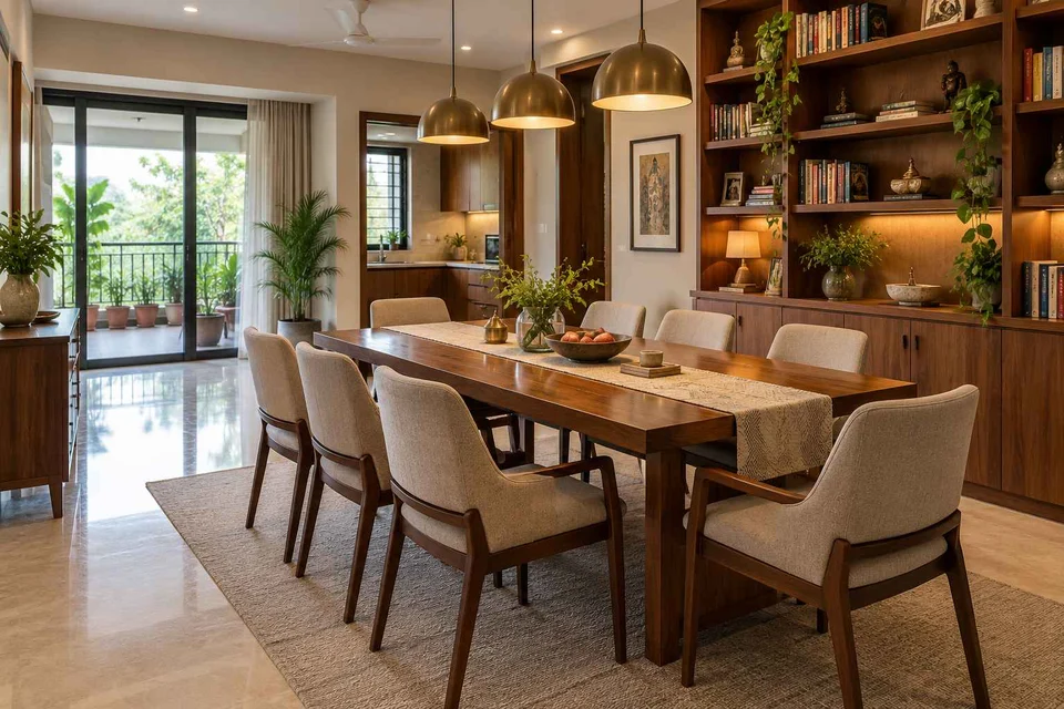 AI-generated dining-room concept: library-wall dining room, visiting-parents meal direction
