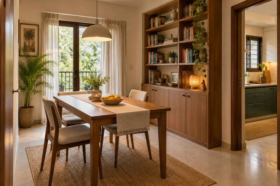 AI-generated dining-room concept: library-wall dining room, weekend craft-to-meal reset direction