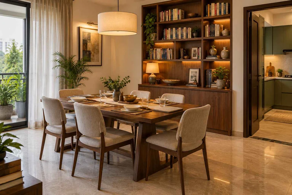 AI-generated dining-room concept: library-wall dining room, weeknight compact hosting direction