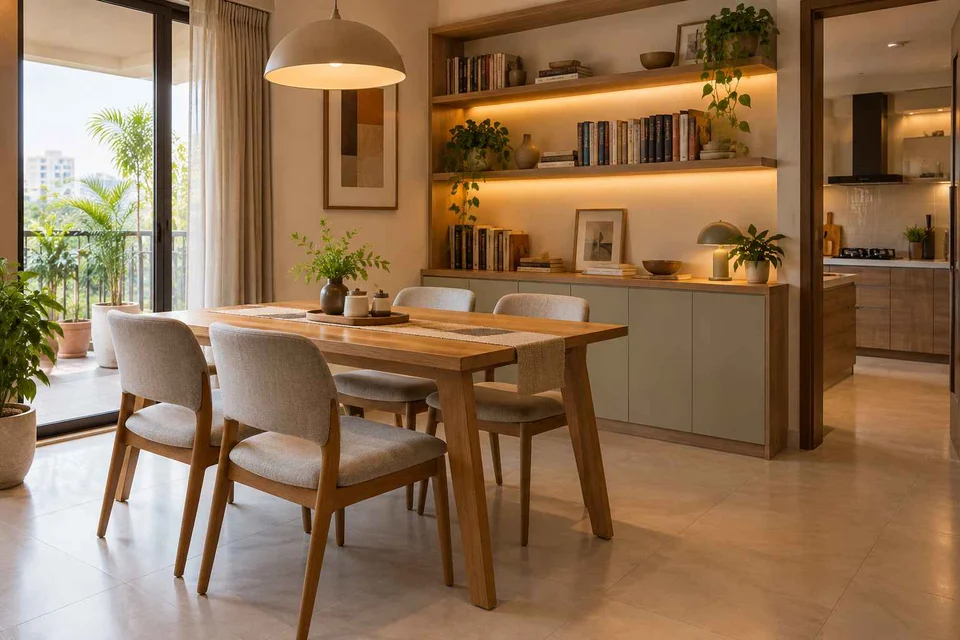 AI-generated dining-room concept: library-wall dining room, work-from-home reset direction