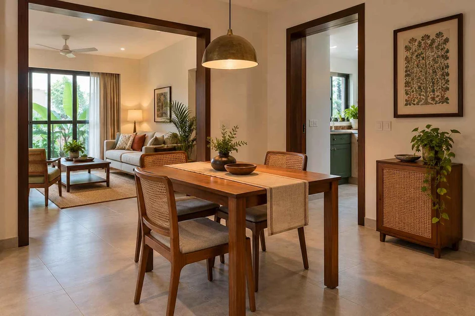 AI-generated dining-room concept: linked-room dining, adaptable everyday dining direction