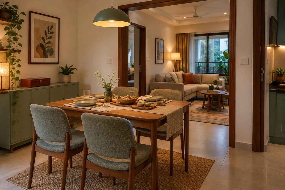 AI-generated dining-room concept: linked-room dining, board-game supper direction