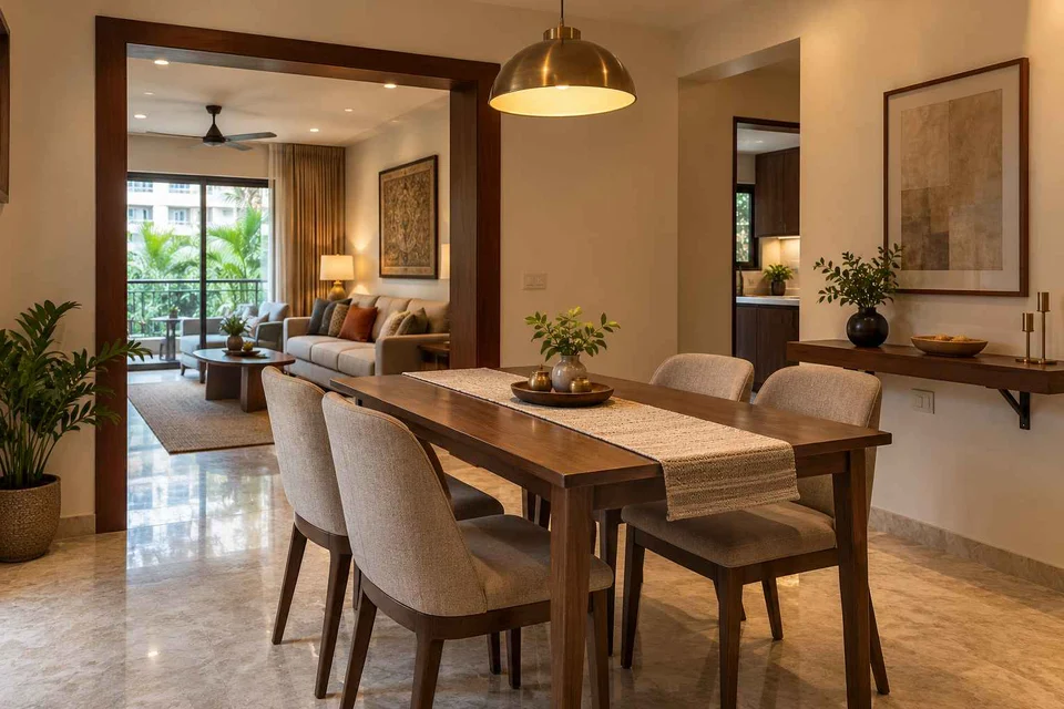 AI-generated dining-room concept: linked-room dining, buffet-side gathering direction