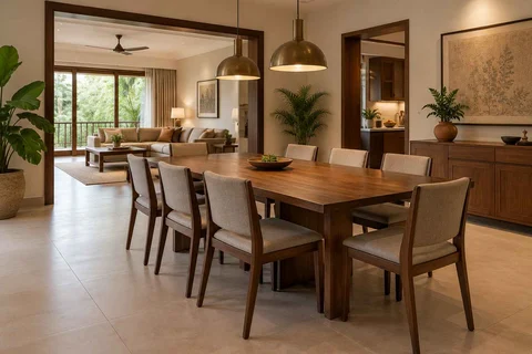 AI-generated dining-room concept: linked-room dining, clear-table daily reset direction