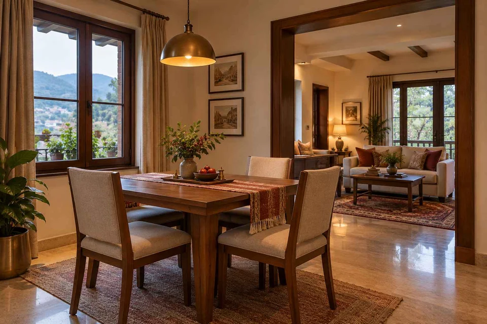 AI-generated dining-room concept: linked-room dining, cool-season family table direction