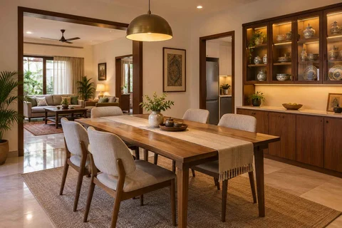 AI-generated dining-room concept: linked-room dining, crockery collection display direction