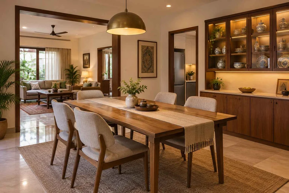 AI-generated dining-room concept: linked-room dining, crockery collection display direction