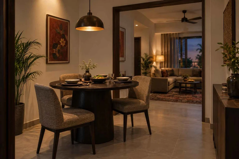 AI-generated dining-room concept: linked-room dining, evening candleless dinner direction