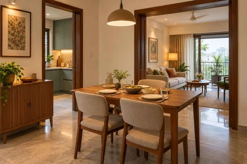 AI-generated dining-room concept: linked-room dining, everyday family supper direction