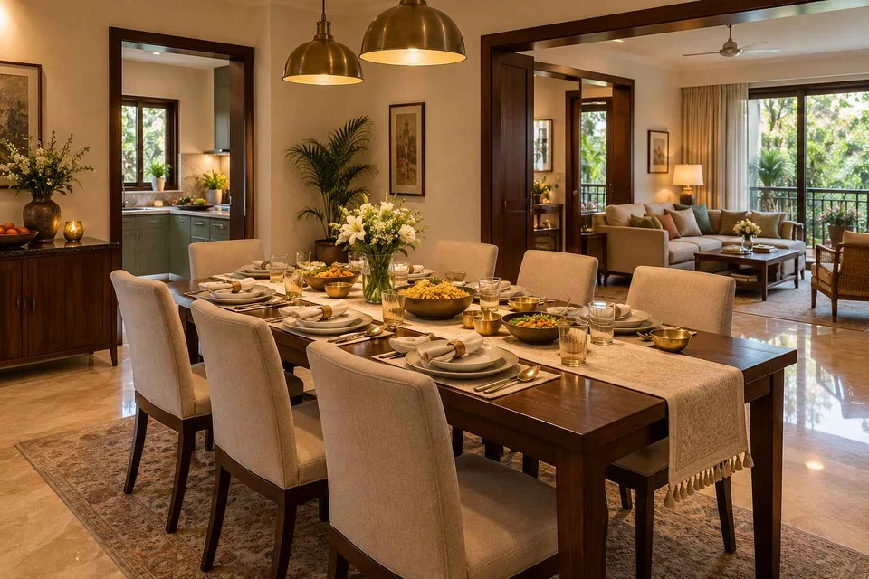 AI-generated dining-room concept: linked-room dining, festival meal preparation direction