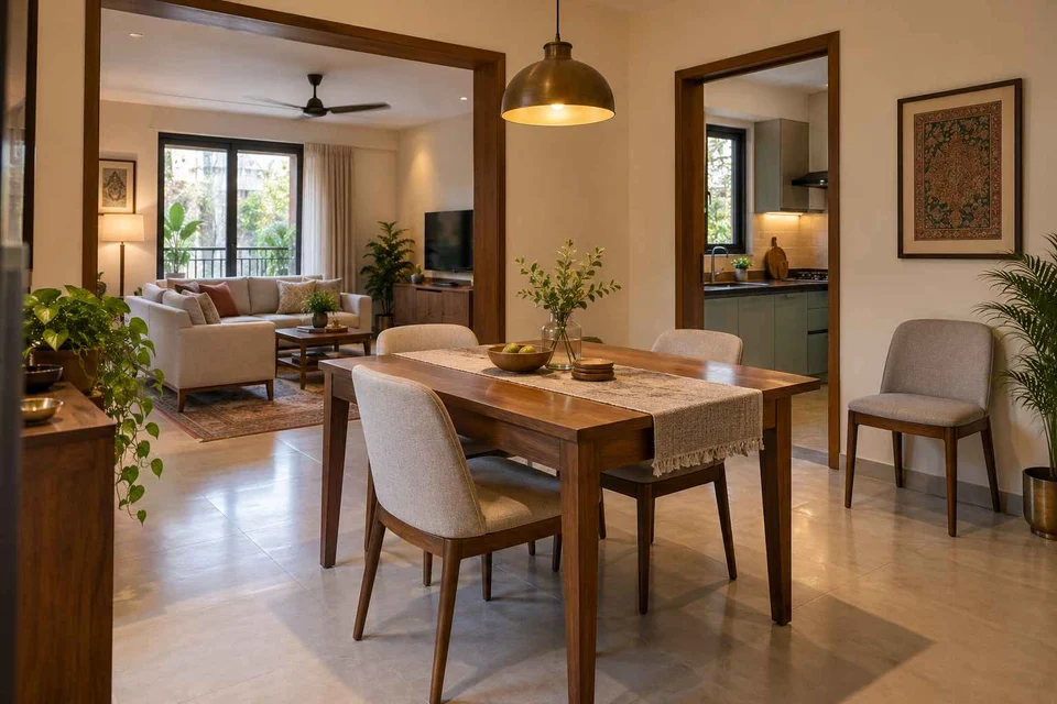AI-generated dining-room concept: linked-room dining, flexible extra seats direction