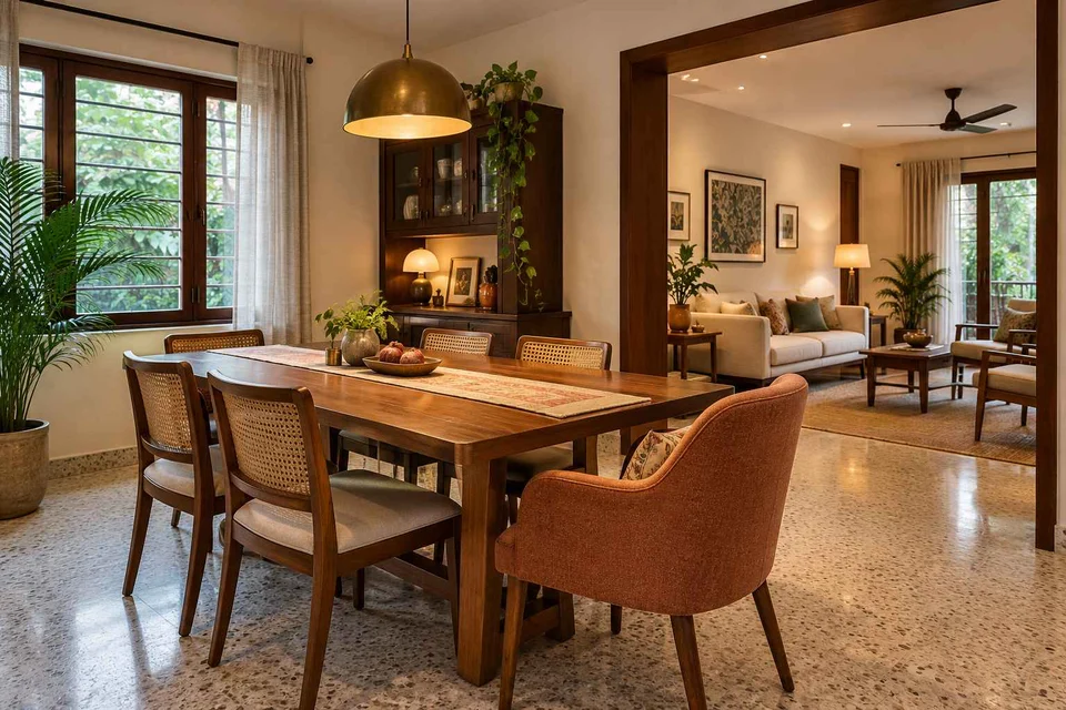 AI-generated dining-room concept: linked-room dining, grandparents and grandchildren direction