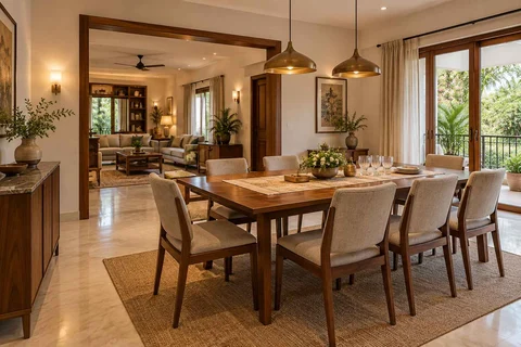 AI-generated dining-room concept: linked-room dining, guest welcome meal direction