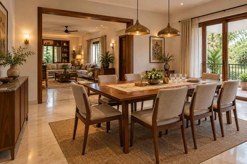 AI-generated dining-room concept: linked-room dining, guest welcome meal direction