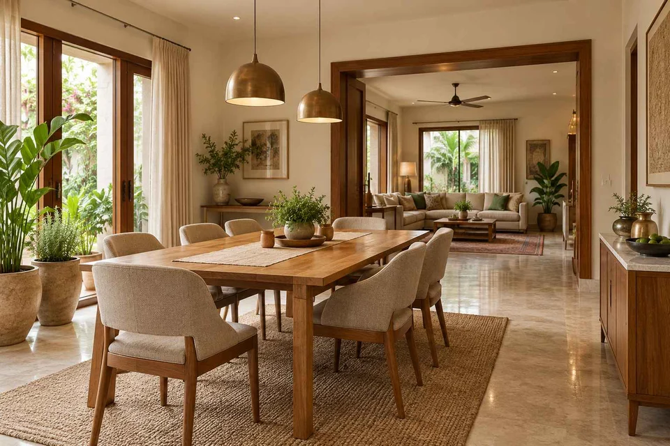 AI-generated dining-room concept: linked-room dining, homegrown herb table direction