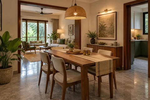 AI-generated dining-room concept: linked-room dining, monsoon lunch light direction
