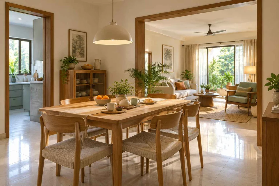 AI-generated dining-room concept: linked-room dining, morning breakfast rhythm direction