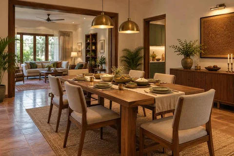 AI-generated dining-room concept: linked-room dining, serving bowl sharing direction