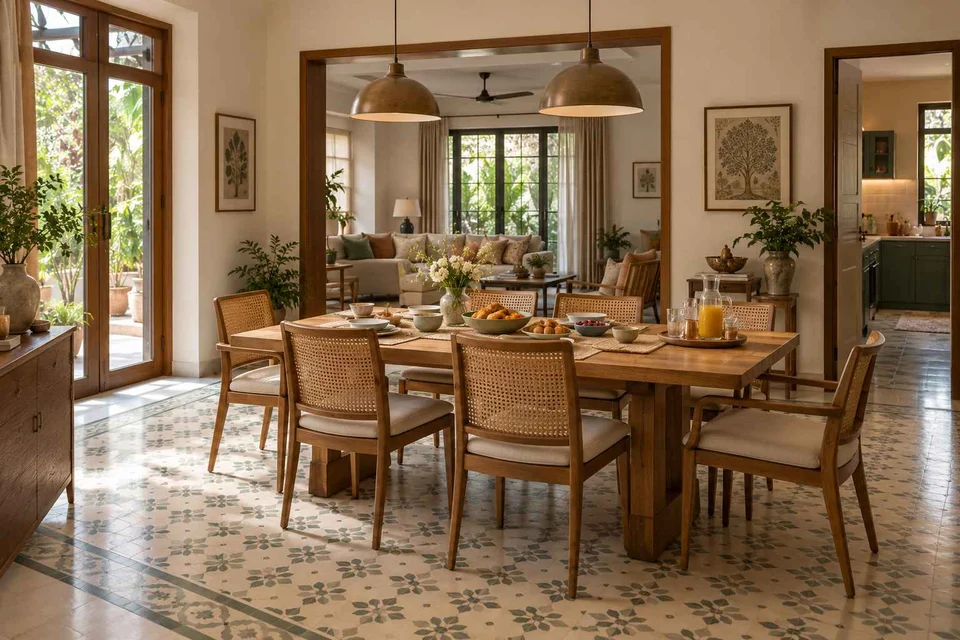 AI-generated dining-room concept: linked-room dining, slow weekend brunch direction