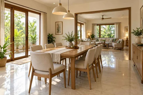 AI-generated dining-room concept: linked-room dining, summer-airiness dining direction
