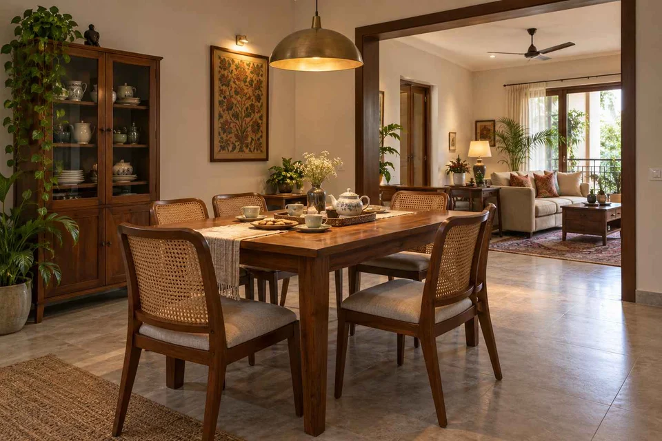 AI-generated dining-room concept: linked-room dining, tea with friends direction
