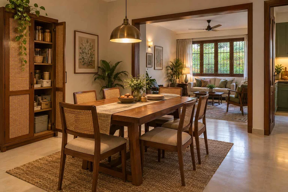 AI-generated dining-room concept: linked-room dining, weekend craft-to-meal reset direction