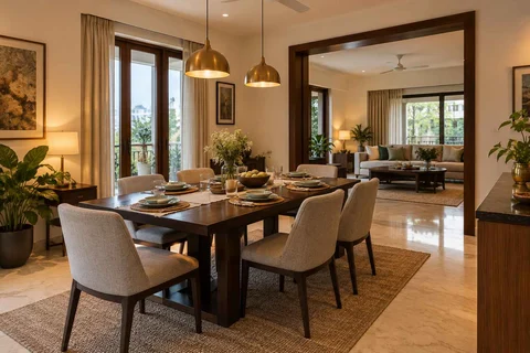 AI-generated dining-room concept: linked-room dining, weeknight compact hosting direction