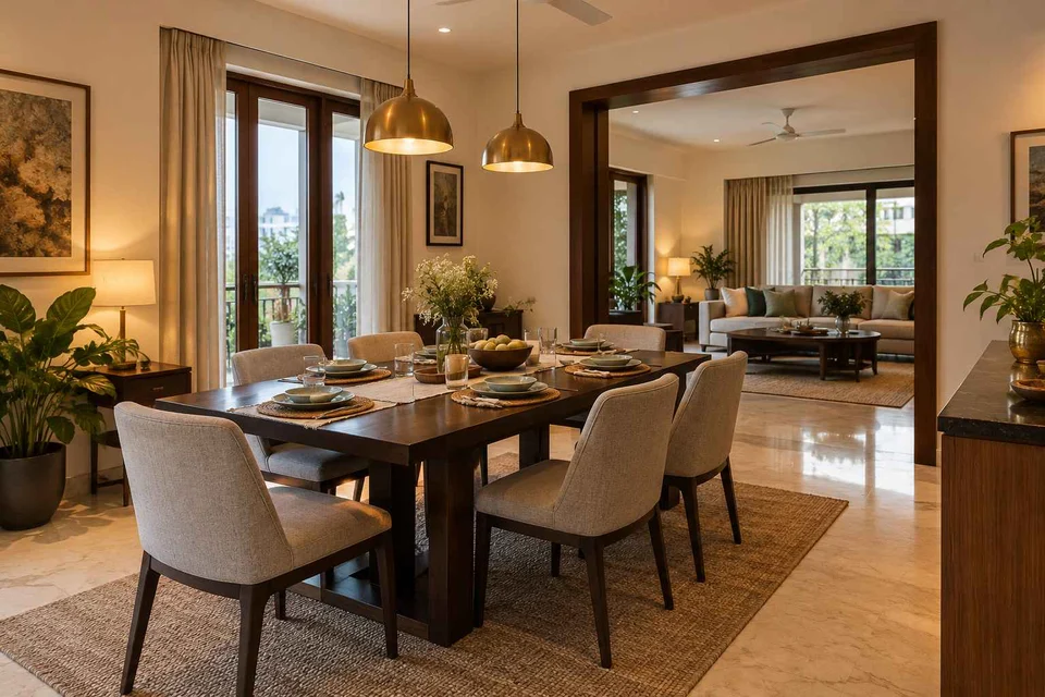 AI-generated dining-room concept: linked-room dining, weeknight compact hosting direction