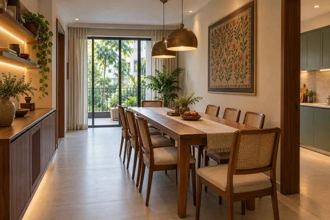 AI-generated dining-room concept: narrow-room side dining, adaptable everyday dining direction