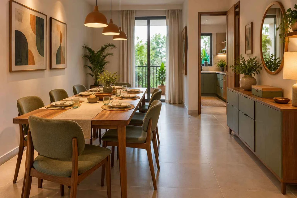 AI-generated dining-room concept: narrow-room side dining, board-game supper direction