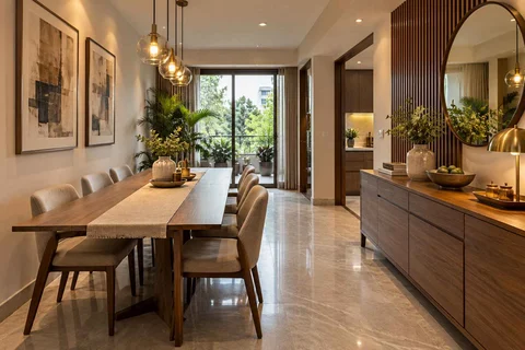 AI-generated dining-room concept: narrow-room side dining, buffet-side gathering direction