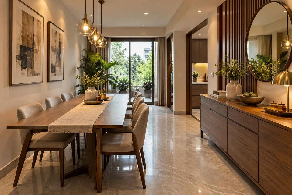AI-generated dining-room concept: narrow-room side dining, buffet-side gathering direction