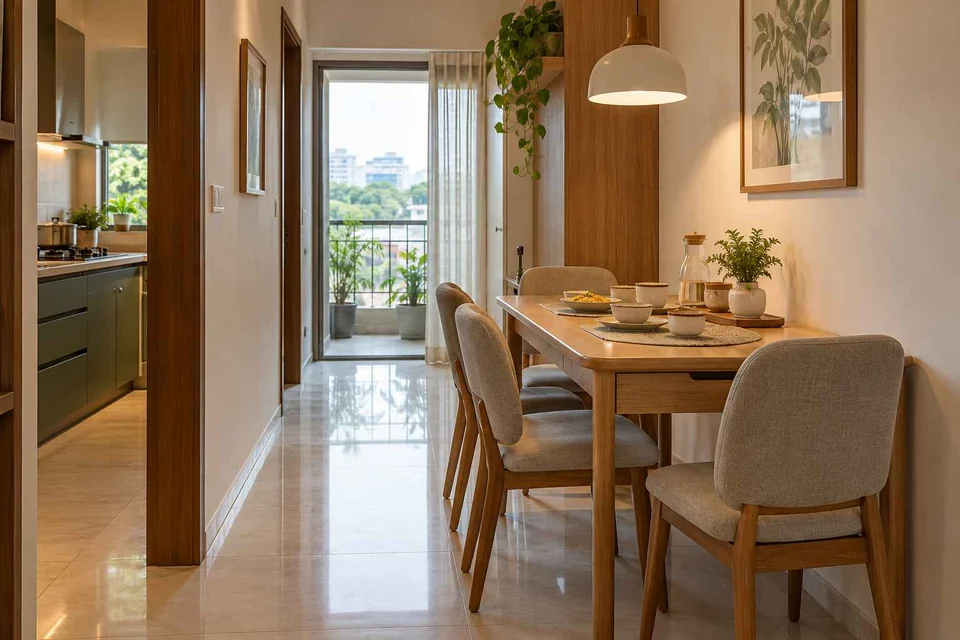 AI-generated dining-room concept: narrow-room side dining, children's everyday meals direction