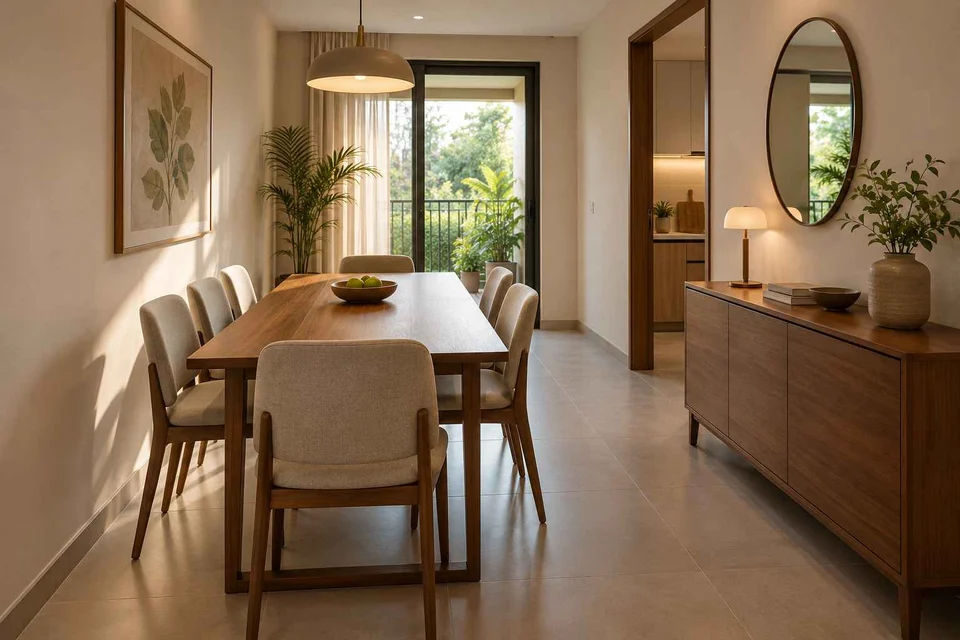 AI-generated dining-room concept: narrow-room side dining, clear-table daily reset direction