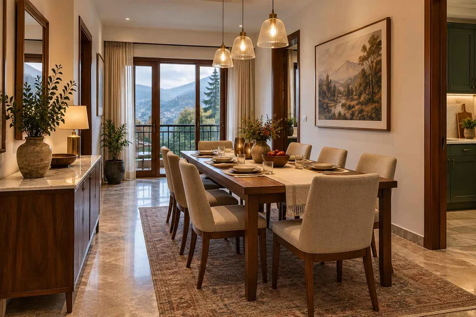 AI-generated dining-room concept: narrow-room side dining, cool-season family table direction