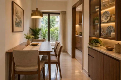 AI-generated dining-room concept: narrow-room side dining, crockery collection display direction