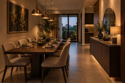 AI-generated dining-room concept: narrow-room side dining, evening candleless dinner direction