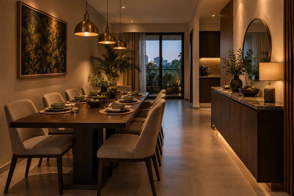 AI-generated dining-room concept: narrow-room side dining, evening candleless dinner direction