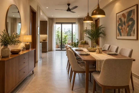 AI-generated dining-room concept: narrow-room side dining, everyday family supper direction