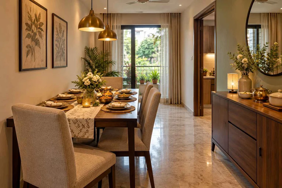 AI-generated dining-room concept: narrow-room side dining, festival meal preparation direction