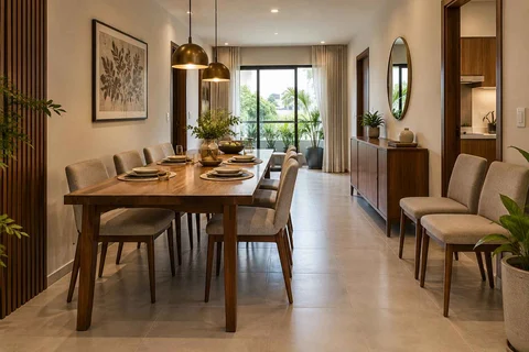 AI-generated dining-room concept: narrow-room side dining, flexible extra seats direction